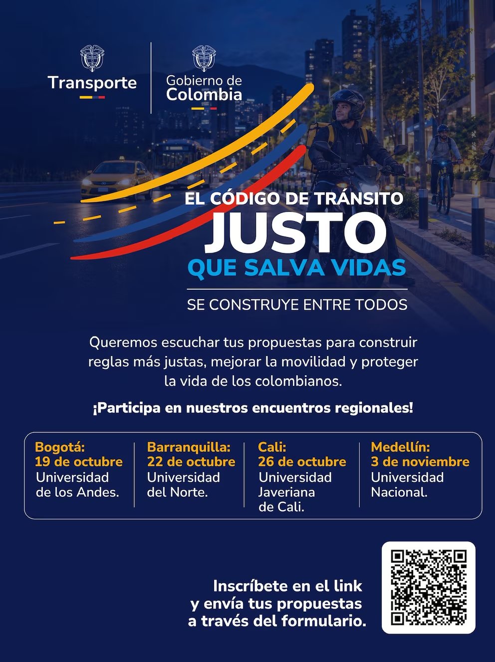 Afiche oficial: El Código de Tránsito justo que salva vidas – encuentros regionales